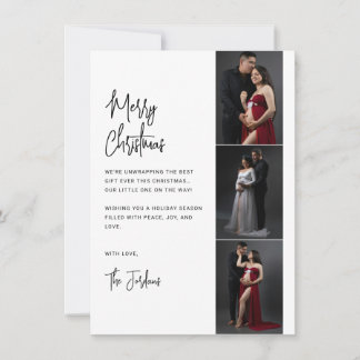 Minimalist Black & White Script 3 Photo Strips Holiday Card