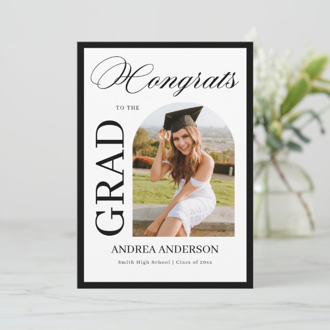 Minimalist Black White Script Grad Party Photo  Announcement (Standing Front)