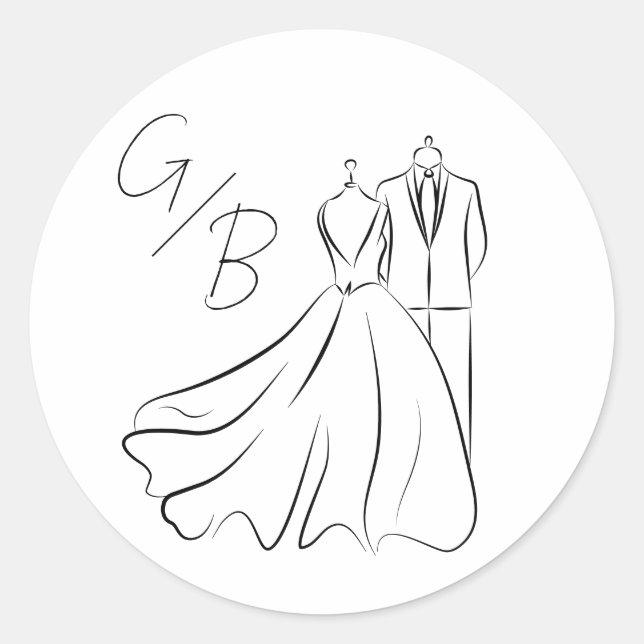 Minimalist Black White Script Monogram Wedding Classic Round Sticker (Front)