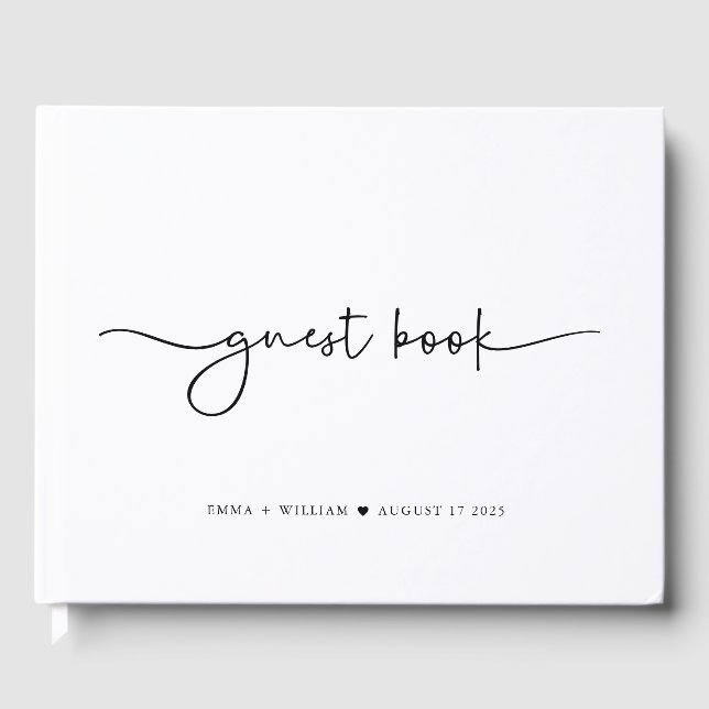 Minimalist Black White Script | Photo Wedding  Guest Book (Front)