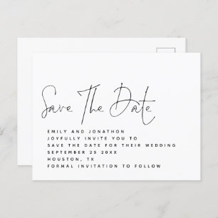 Minimalist Black White Script Save The Date Postcard