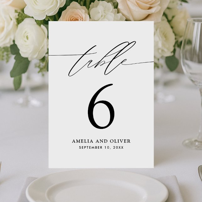 Minimalist Black White Script Table Number Card (Creator Uploaded)