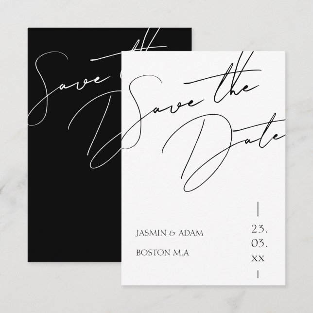Minimalist Black White Script Typography Wedding Save The Date (Front/Back)
