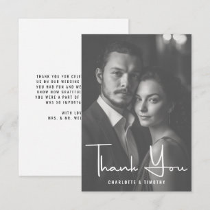 Minimalist Black White Script Wedding Photo Thank You Card