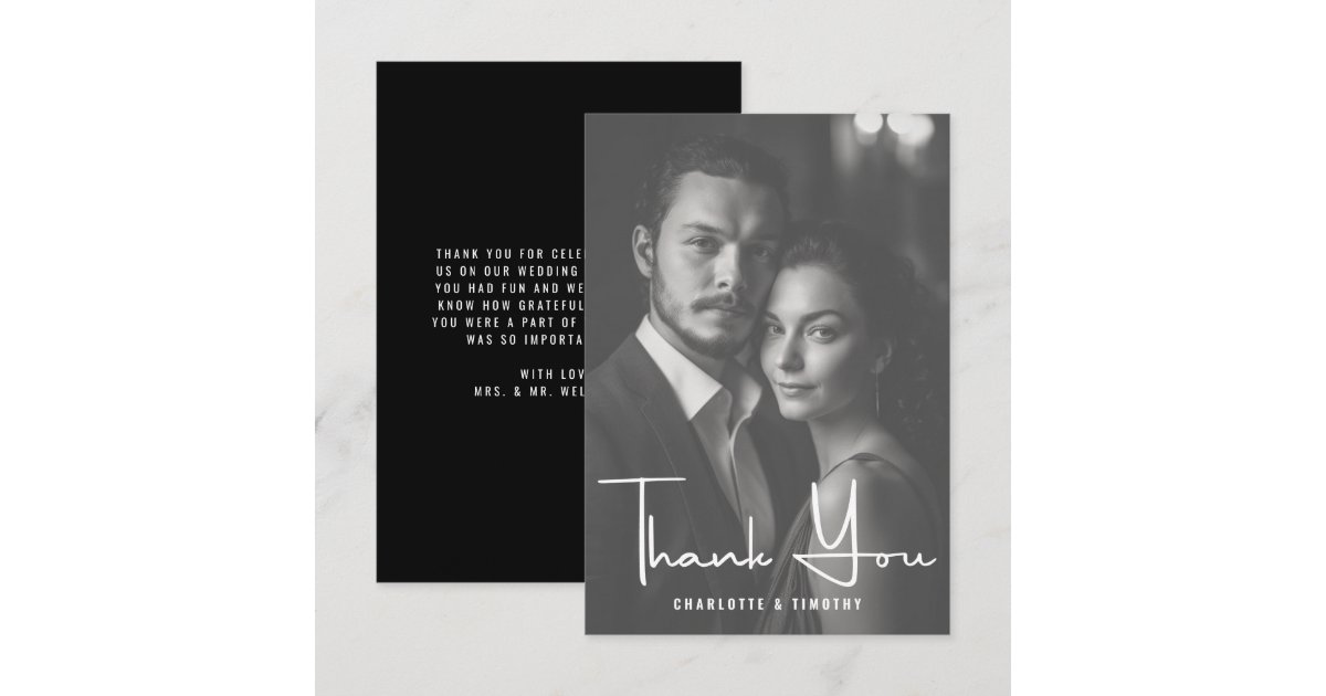 Minimalist Black White Script Wedding Photo Thank You Card | Zazzle