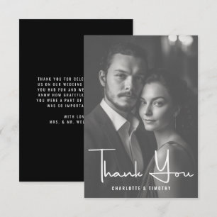 Minimalist Black White Script Wedding Photo Thank You Card