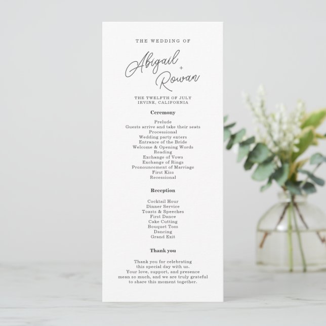 Minimalist Black White Script Wedding Program Invitation (Standing Front)