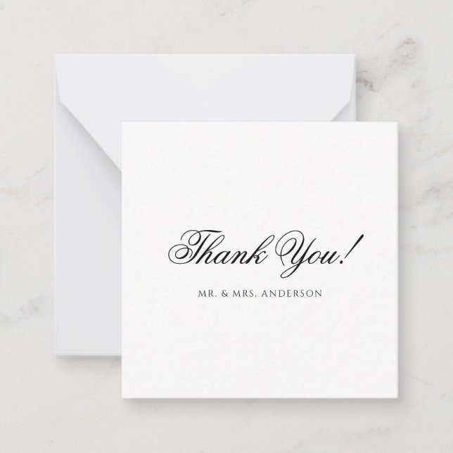 Minimalist Black & White Script Wedding Thank You Card (Front)