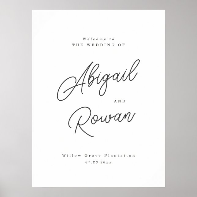 Minimalist Black White Script Wedding Welcome Sign (Front)