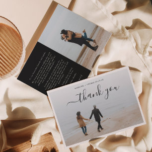 Minimalist Black White Script with 2 photo wedding Thank You Card