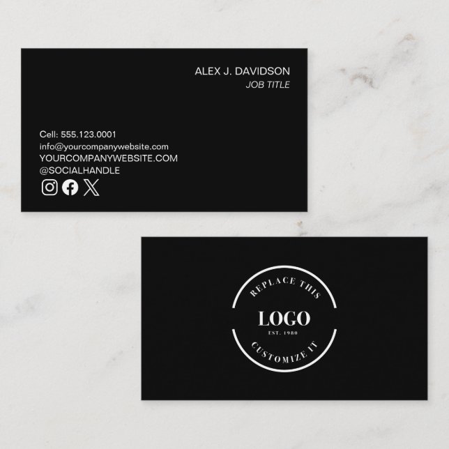 Minimalist black white social icons Custom logo Business Card (Front/Back)