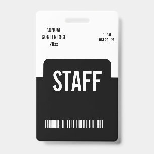 Minimalist Black White Staff Event Badge Barcode ID Badge