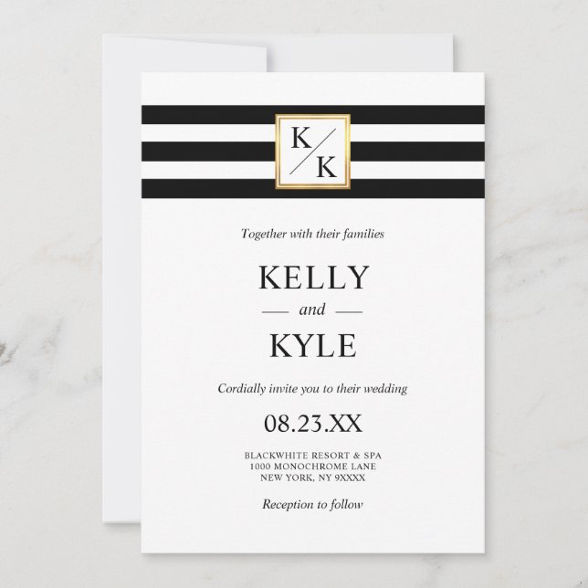 Minimalist Black White Stripes Monograms Wedding Invitation (Front)