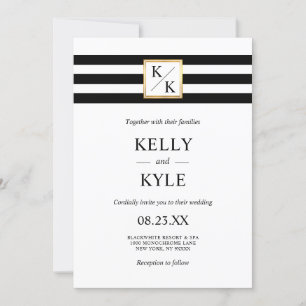 Minimalist Black White Stripes Monograms Wedding Invitation