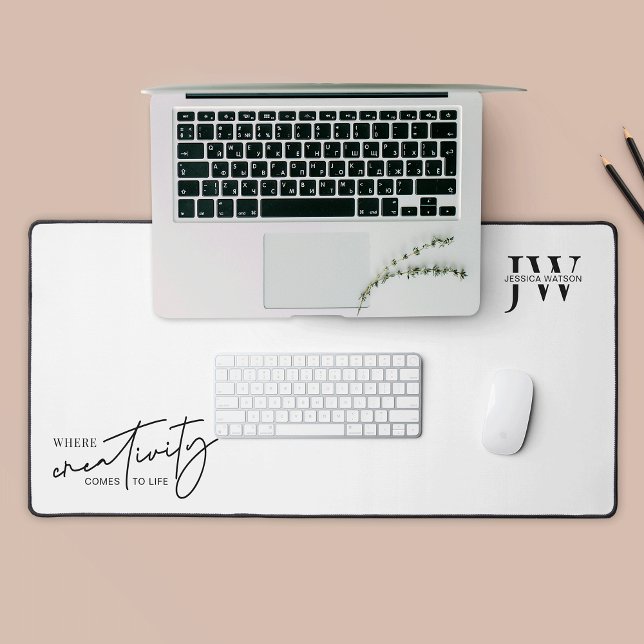 Minimalist Black & White Trendy Monogram Initials Desk Mat (Minimalist branded desk mat in black and white with space for your logo or name)