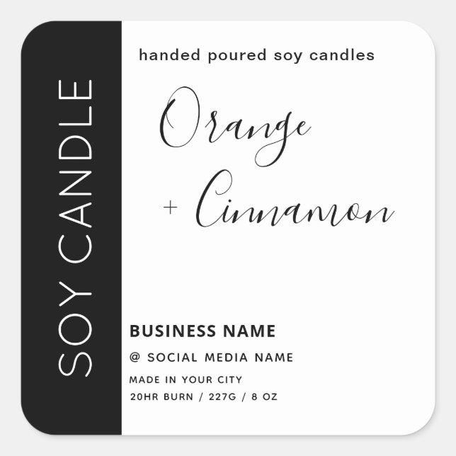 Minimalist black white  typography soy candle square sticker (Front)