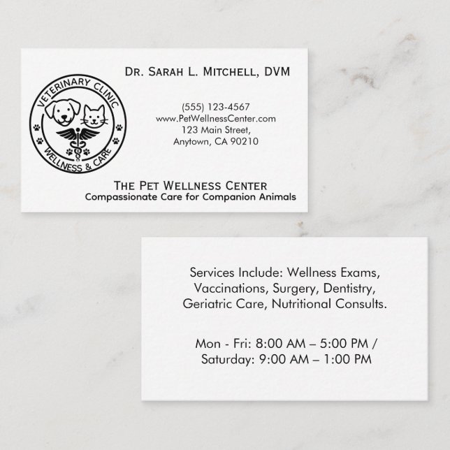 Minimalist Black & White Veterinary Clinic Business Card (Front/Back)