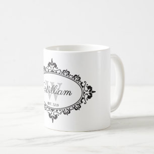 Minimalist Black & White Vintage Damask Monogram Coffee Mug