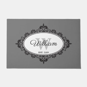 Minimalist Black & White Vintage Damask Monogram Doormat