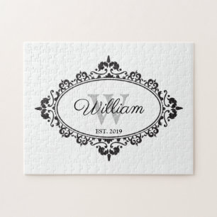 Minimalist Black & White Vintage Damask Monogram Jigsaw Puzzle