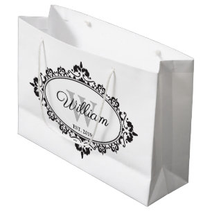 Minimalist Black & White Vintage Damask Monogram Large Gift Bag
