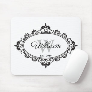 Minimalist Black & White Vintage Damask Monogram Mouse Mat