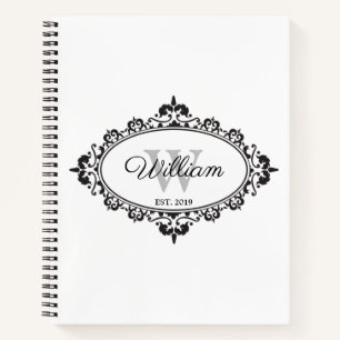 Minimalist Black & White Vintage Damask Monogram Notebook