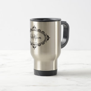 Minimalist Black & White Vintage Damask Monogram Travel Mug