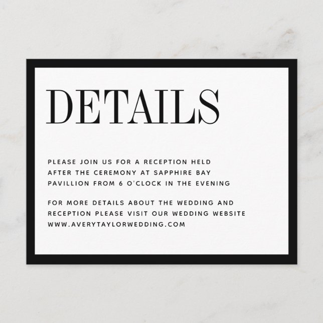 Minimalist Black White Wedding Details Card (Front)