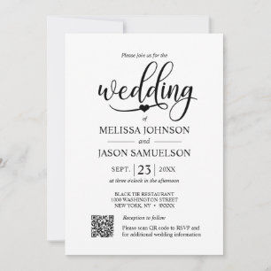 Minimalist Black White Wedding Heart QR code Invitation