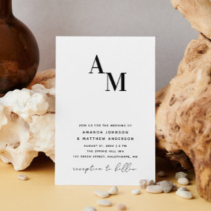Minimalist Black & White Wedding + QR Monogram Invitation