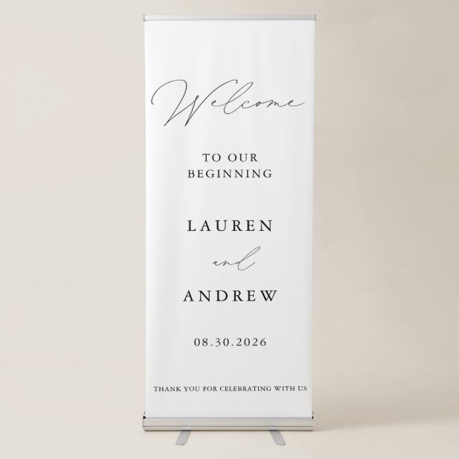 Minimalist Black & White Welcome to Our Beginning Retractable Banner (Front)