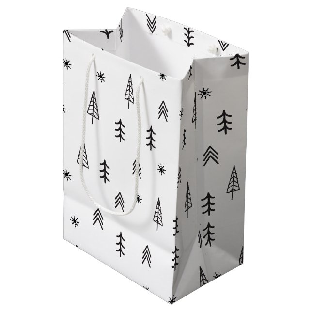Minimalist Black & White Winter Forest Pattern Medium Gift Bag (Front Angled)