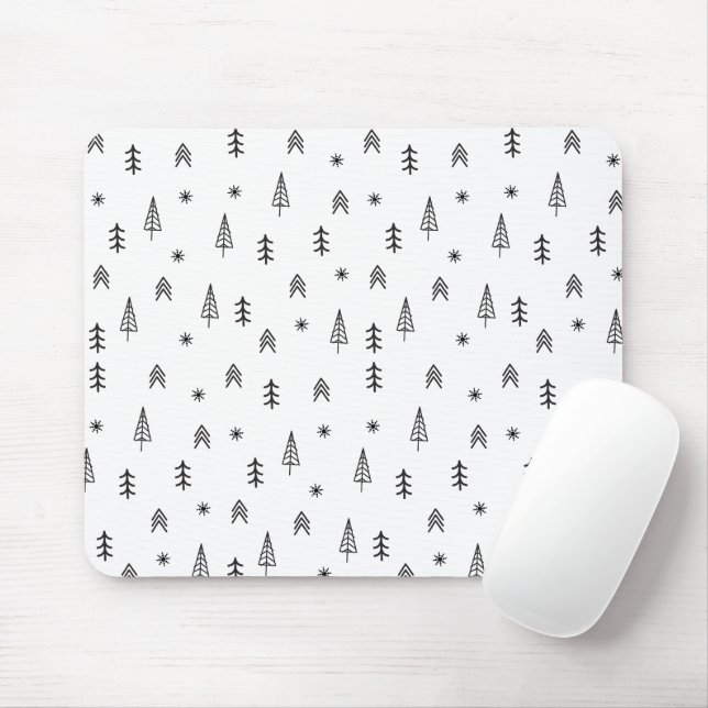 Minimalist Black & White Winter Forest Pattern Mouse Mat (With Mouse)