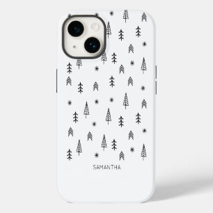 Minimalist Black White Winter Forest Pattern Name iPhone 14 Case