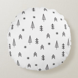 Minimalist Black & White Winter Forest Pattern Round Cushion