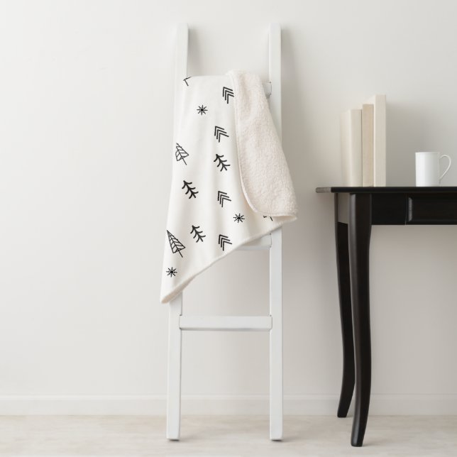 Minimalist Black & White Winter Forest Pattern Sherpa Blanket (In Situ)
