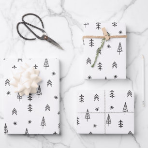Minimalist Black & White Winter Forest Pattern Wrapping Paper Sheet
