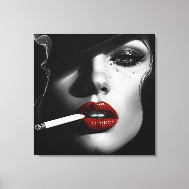 Minimalist Black & White Woman with cigarette Canvas Print (Front)