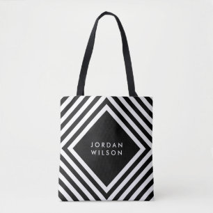 Minimalist Black with White Square Lines Geometric Tote Bag