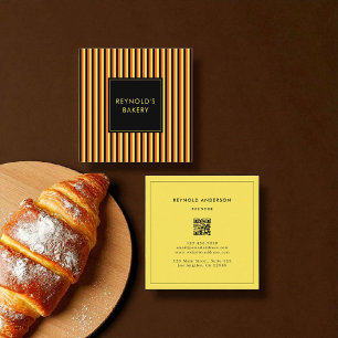 Minimalist Black & Yellow Stripes QR Code Bakery Square Business Card