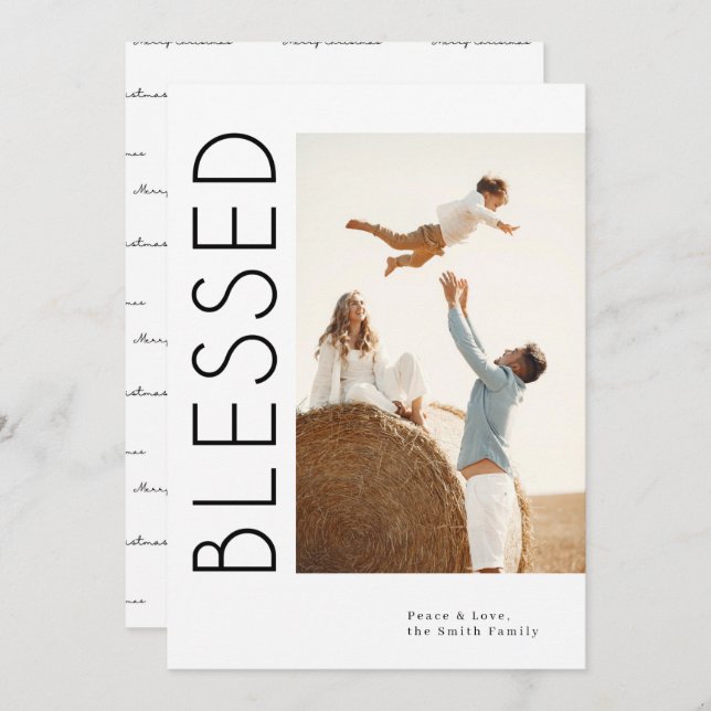 Minimalist Blessed Merry Christmas Family Photo Holiday Card (Front/Back)