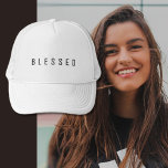 Minimalist BLESSED Text White Trucker Hat<br><div class="desc">Simple MINIMALIST Blessed Text. Wear your Christian faith message. Customise it with the colour/font of your choice. Modern black lettering in all caps.</div>