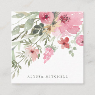 Minimalist Bloom   Pink Watercolor Floral Square Business Card