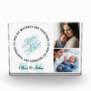 Minimalist Blue 1st Mother's Day Custom Keepsake Photo Block