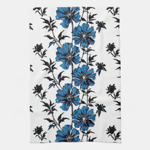Minimalist blue and black floral ink illustration tea towel
