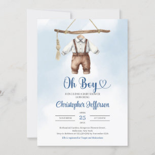 Minimalist Blue and Brown Boy Clothes Baby Shower Invitation
