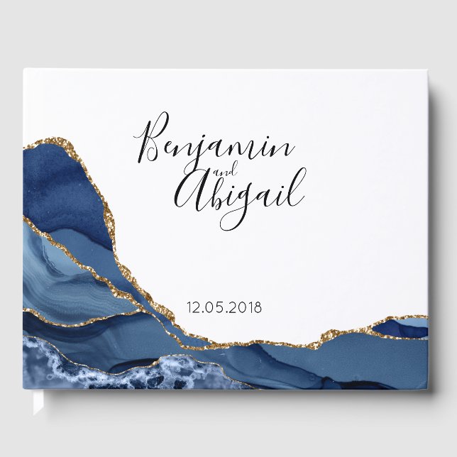 Minimalist Blue and Gold Agate Wedding Guest Book (Front)