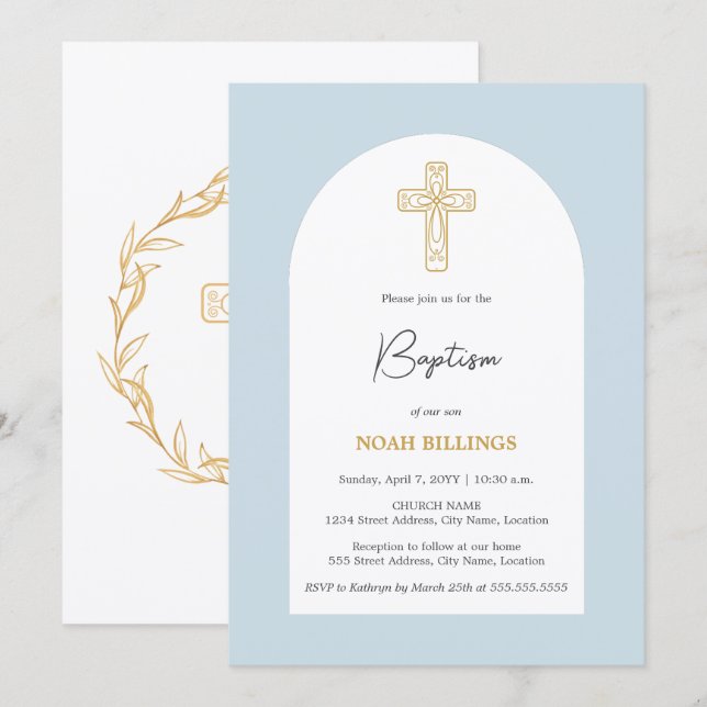 Minimalist Blue and Gold Cross Baptism Invitation (Front/Back)