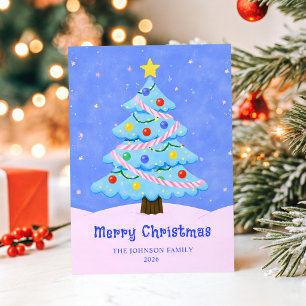Minimalist Blue and Pink Christmas Tree Holiday Card